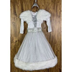Frolics Princess Dress With Faux Fur Shawl & Headband Silver Accents Girls 4
